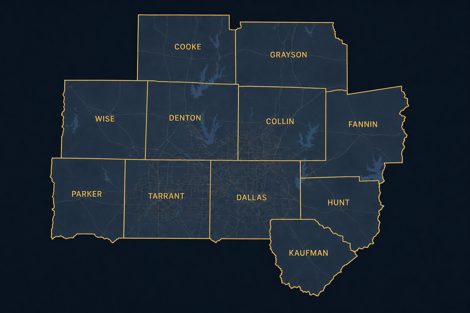 North Texas county map showing Cooke, Grayson, Wise, Denton, Collin, Fannin, Parker, Tarrant, Dallas, Hunt, and Kaufman counties.