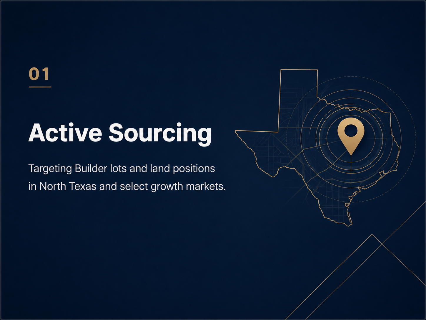 01 Active Sourcing. Targeting builder lots and land positions in North Texas and select growth markets.