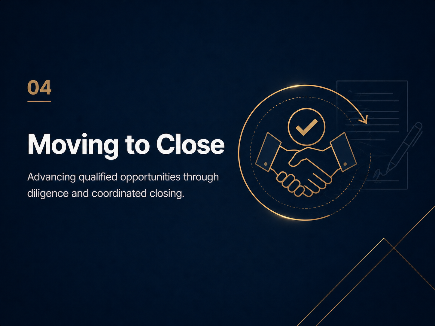 04 Moving to Close. Advancing qualified opportunities through diligence and coordinated closing.